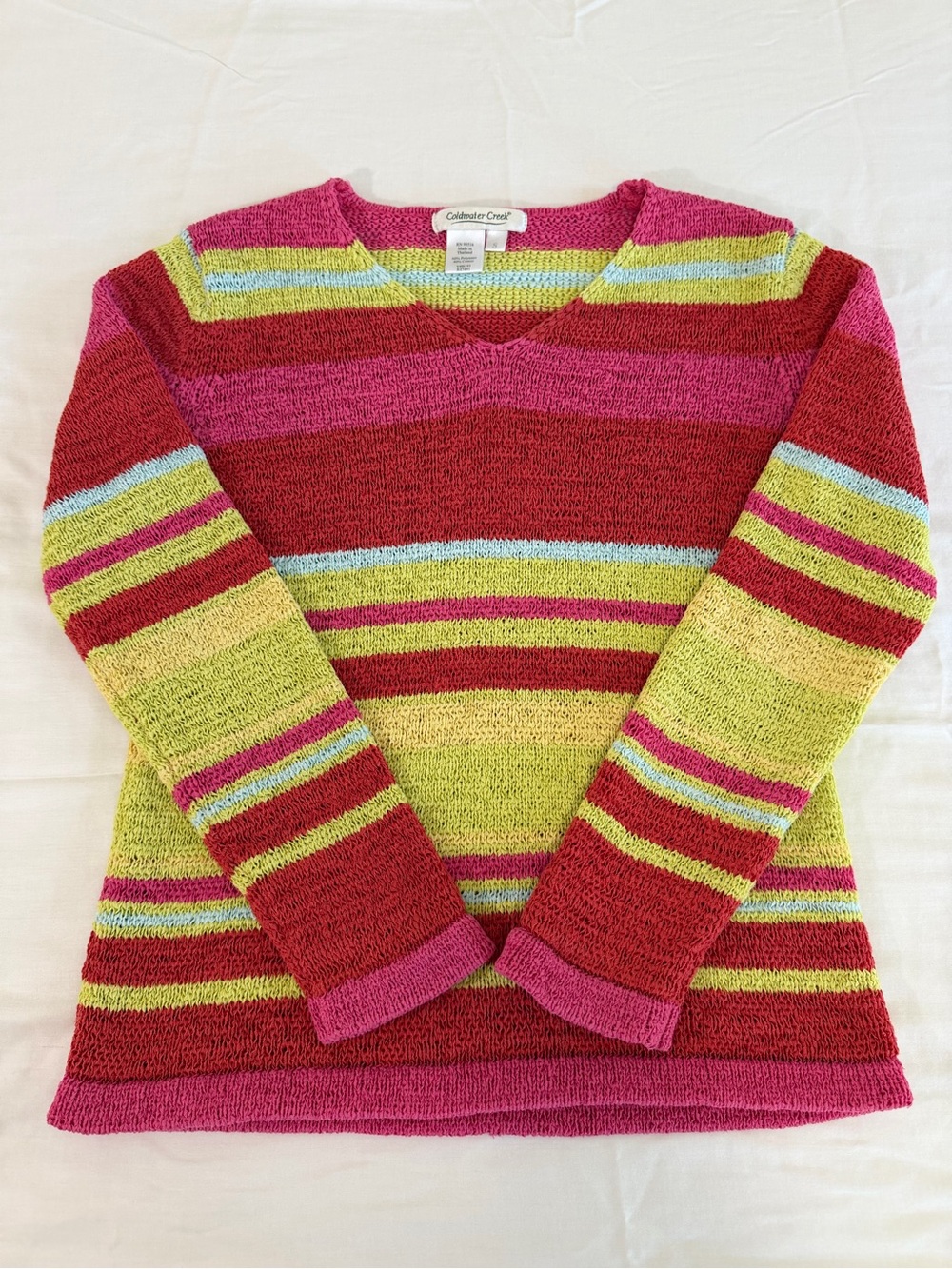 Coldwater Creek Pink, Red & Lime Striped V-Neck Sweater